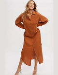 Brick colored button-up maxi shirt dress made of textured cotton with long roll-tab sleeves