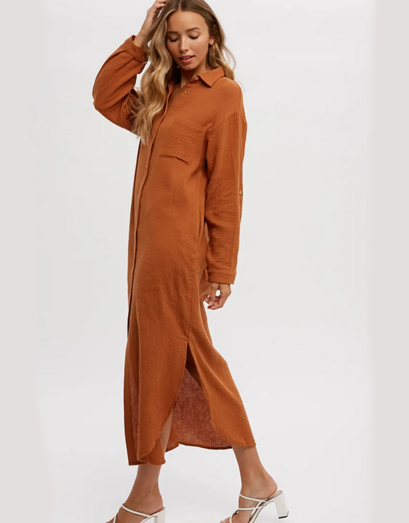 Button Up Maxi Shirt Dress with Pockets in Brick Cotton