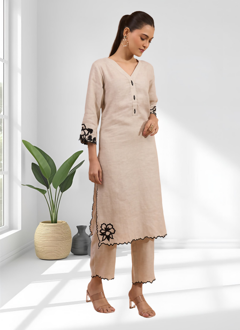 Beige Linen Embroidered Long Kurta with Matching Pant Set