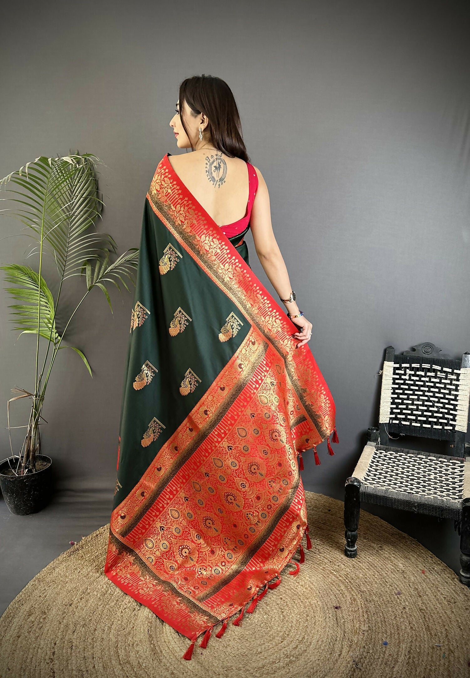 Dark Green Banarasi Soft Silk Peacock Butta Work Saree
