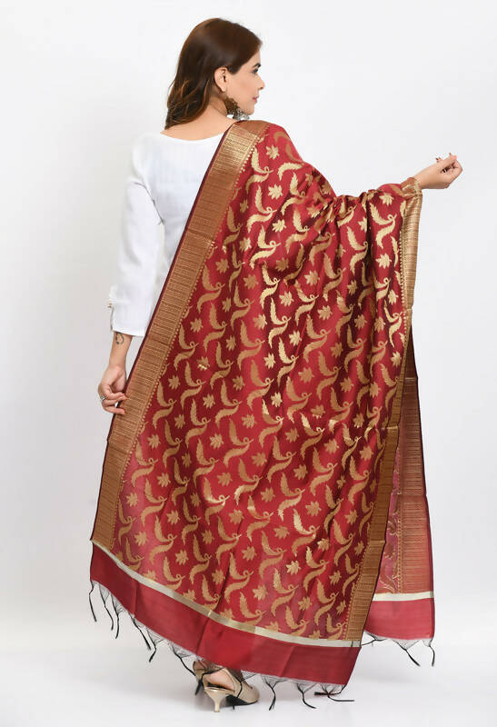 Maroon Banarasi Silk Dupatta with Floral Woven Gold Design