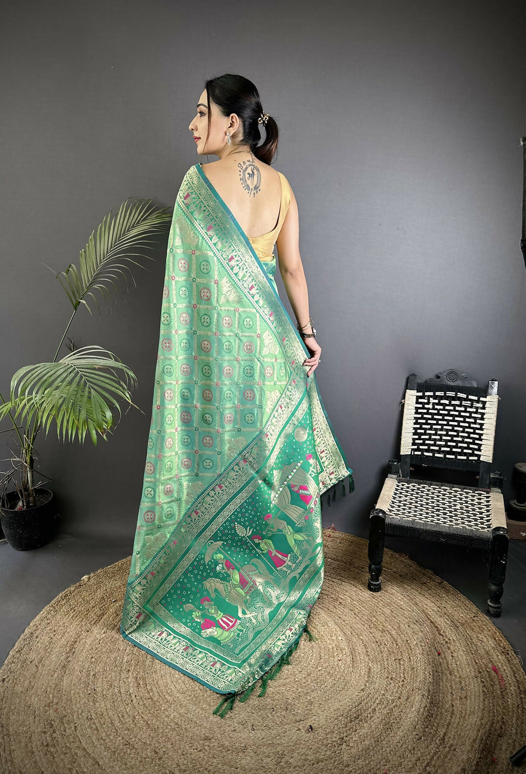 Aqua Green Geometric Print Soft Silk Patola Saree with Blouse