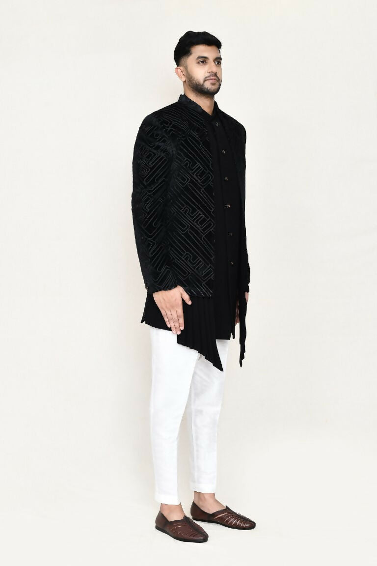 Black Velvet Embroidered Open Jacket with Matching Pant Set