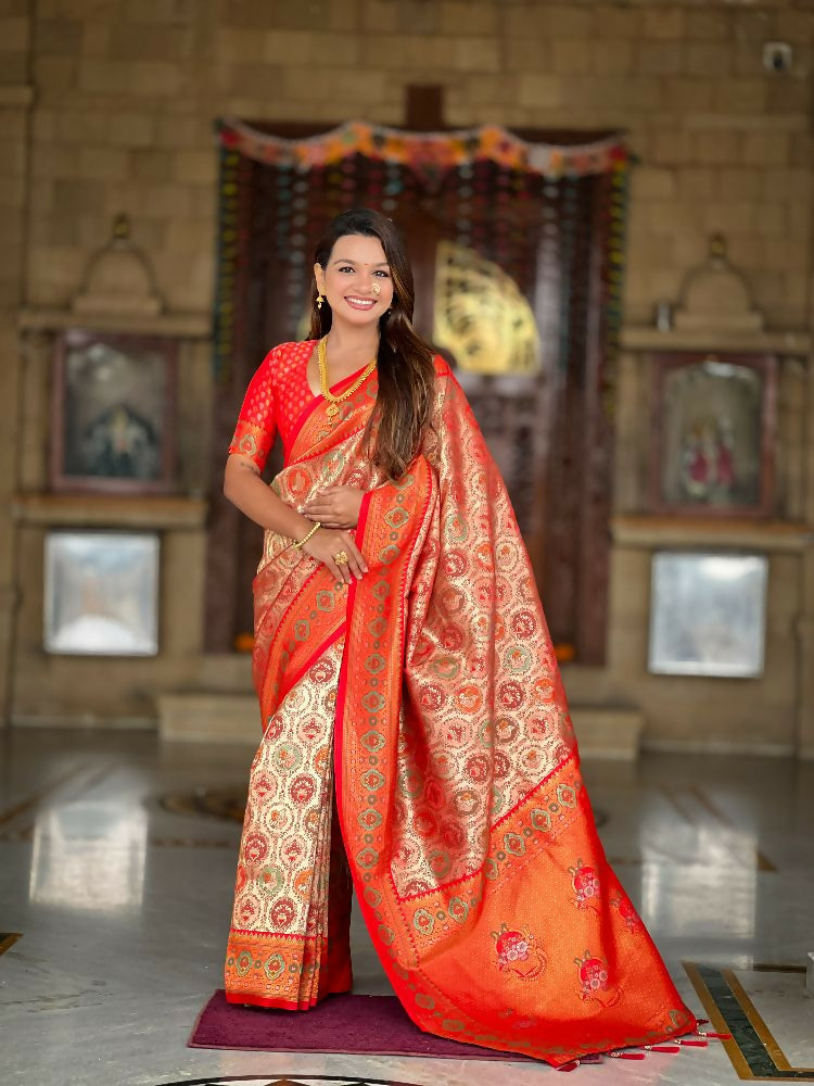 Red Soft Kanjivaram Silk Saree with Meenakari Zari Weaving