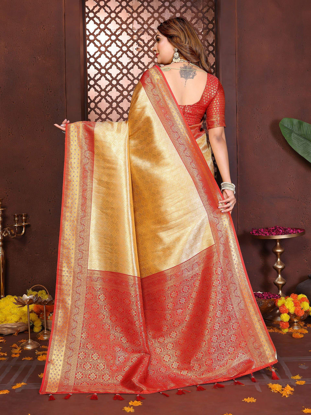 Cream Tissue Silk Woven Saree with Elegant Sheen