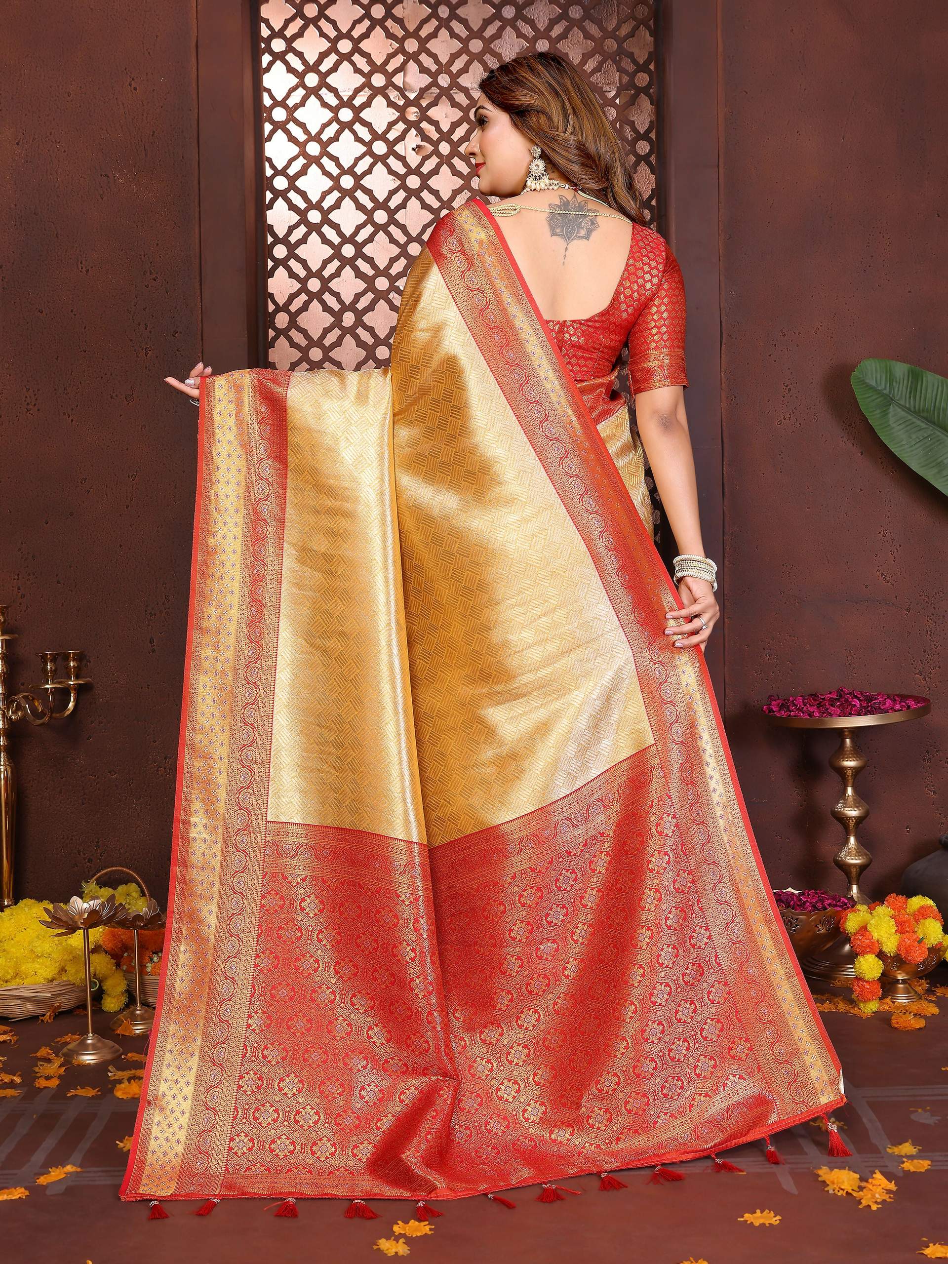 Cream Tissue Silk Woven Saree with Elegant Sheen