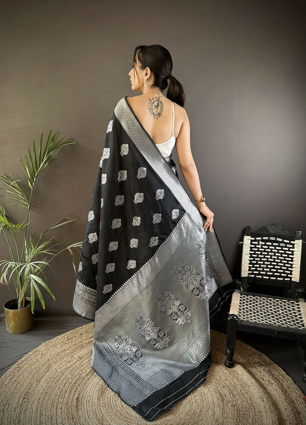 Black Floral Soft Silk Banarasi Saree with Matching Blouse