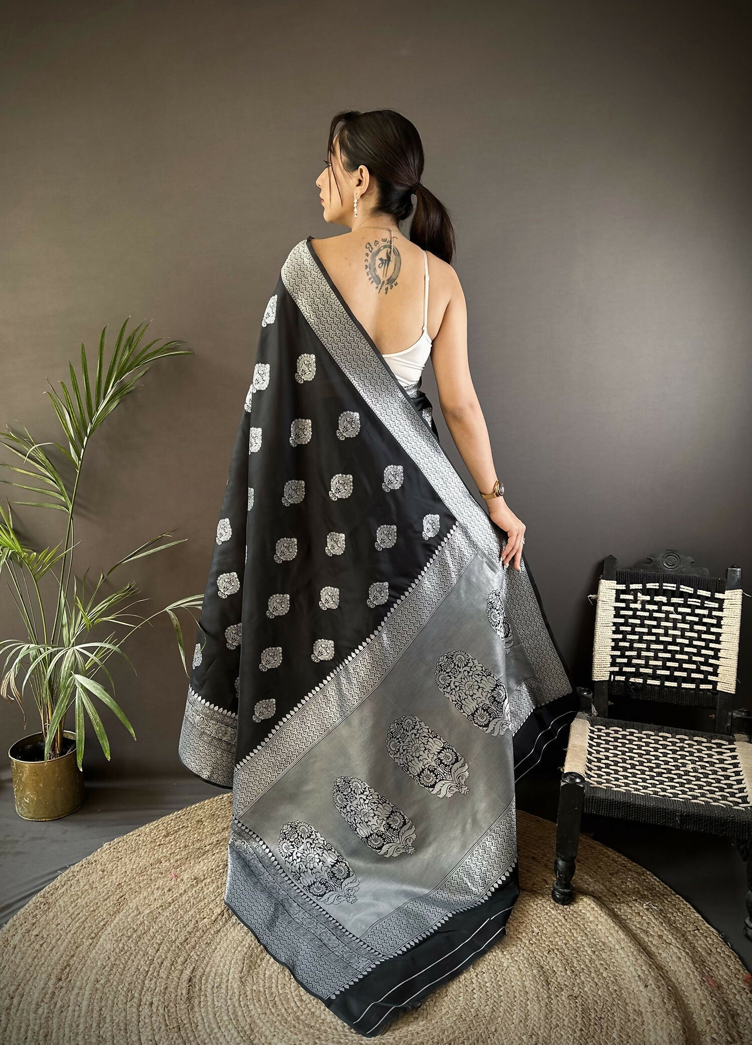 Black Floral Soft Silk Banarasi Saree with Matching Blouse