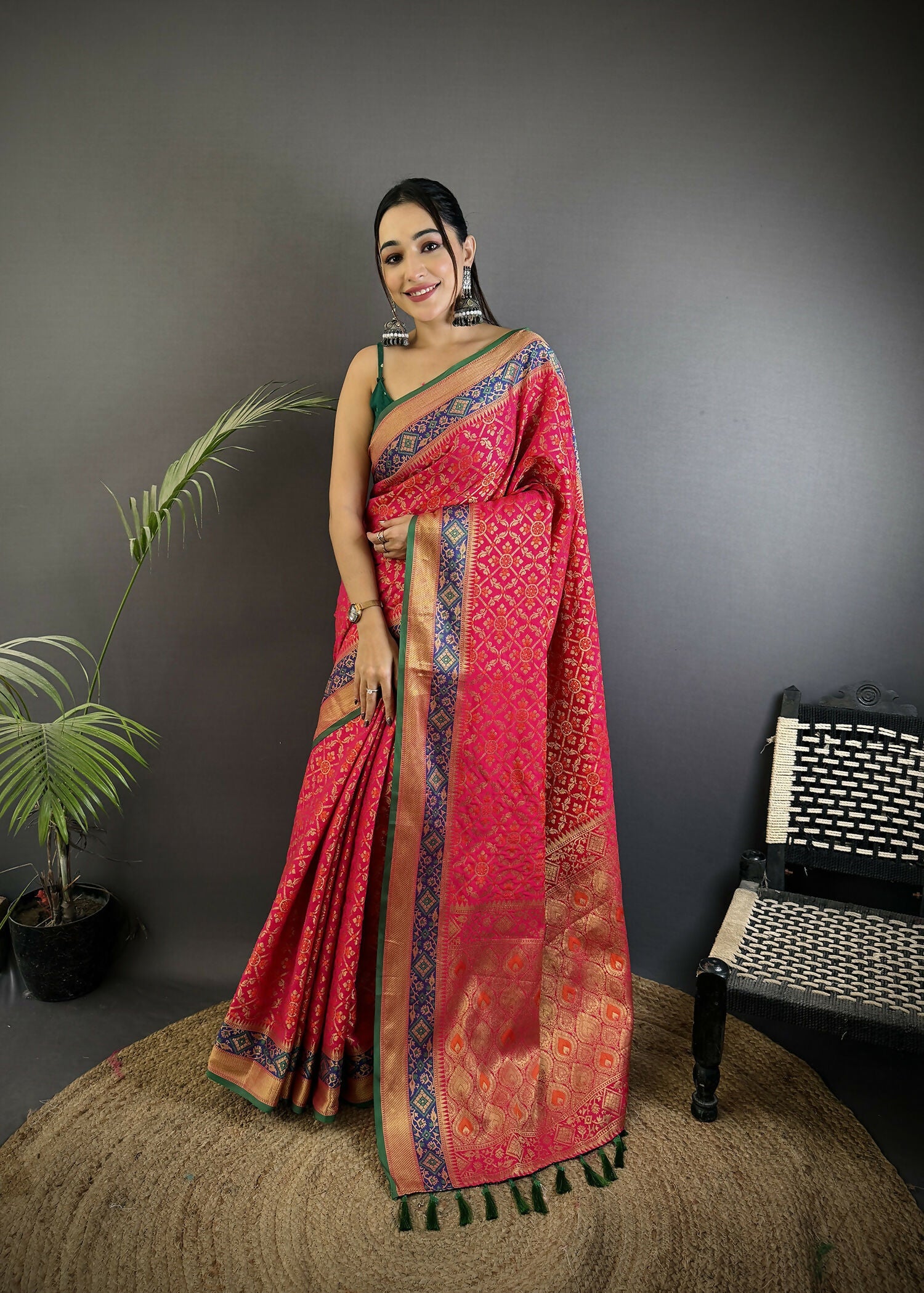 Hot Pink Patola pattern soft silk saree with matching blouse fabric