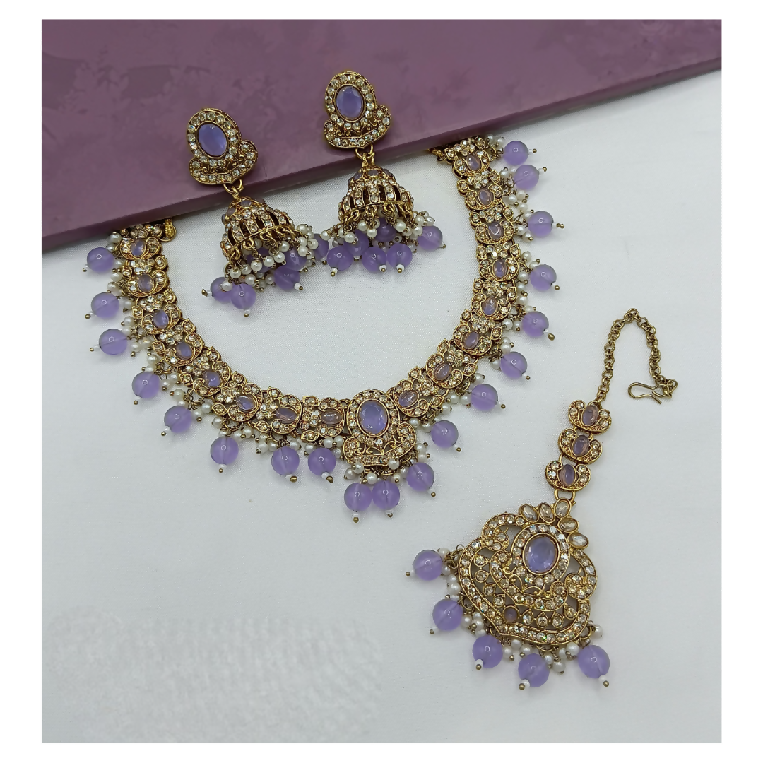 Lavender colored stone work necklace set for festive wear