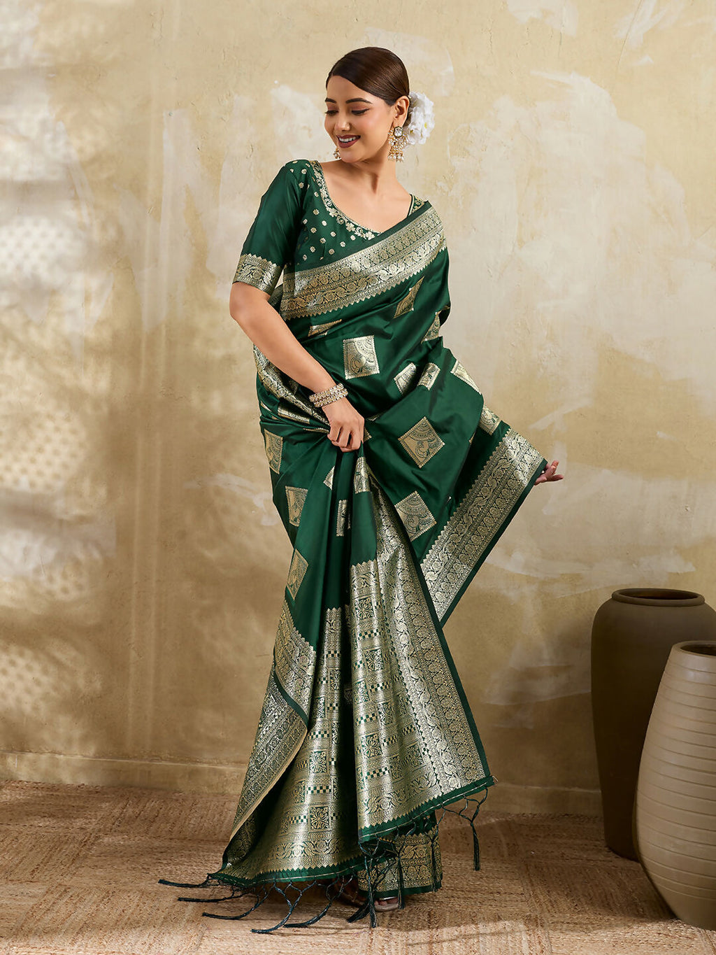 Dark Green Silk Blend Saree with Coordinating Blouse