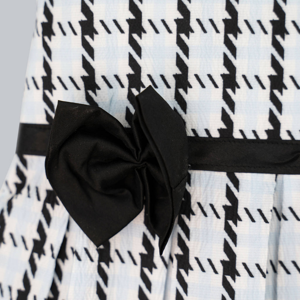 Girls Monochrome Box Print A-Line Party Dress with Bow Detail