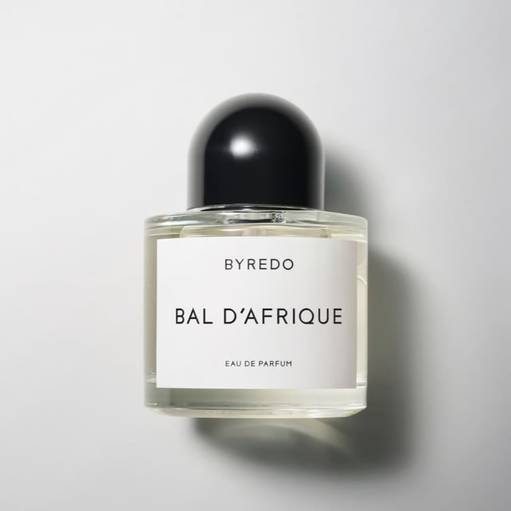 Byredo Bal d'Afrique Eau de Parfum in a minimalist clear glass bottle with a black cap and branding.