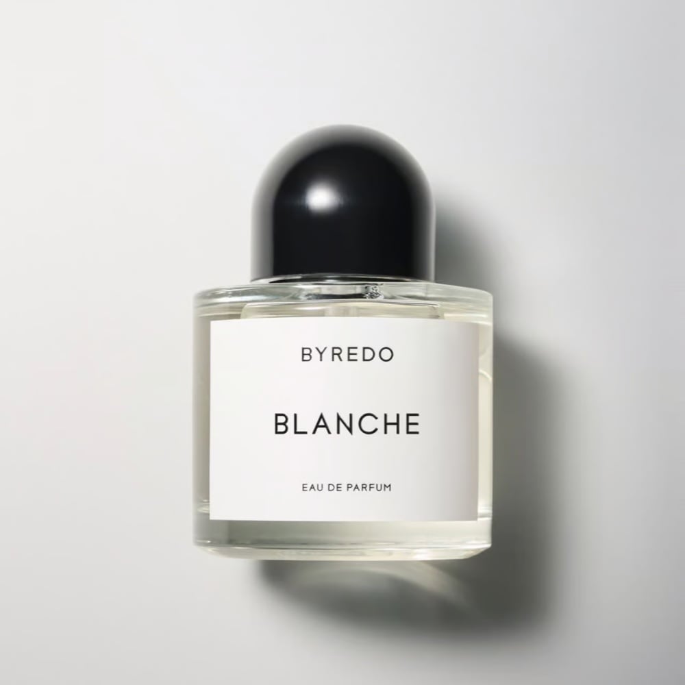 Byredo Blanche Eau De Parfum 3.4 oz bottle featuring a minimalist clear glass design