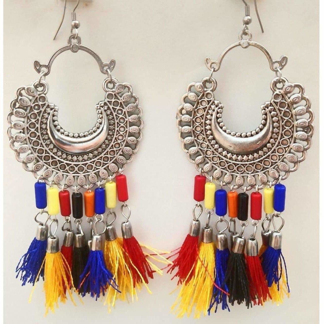 Multicolor glass pearl and silk thread Chandbali earrings with an Afghani-inspired design.