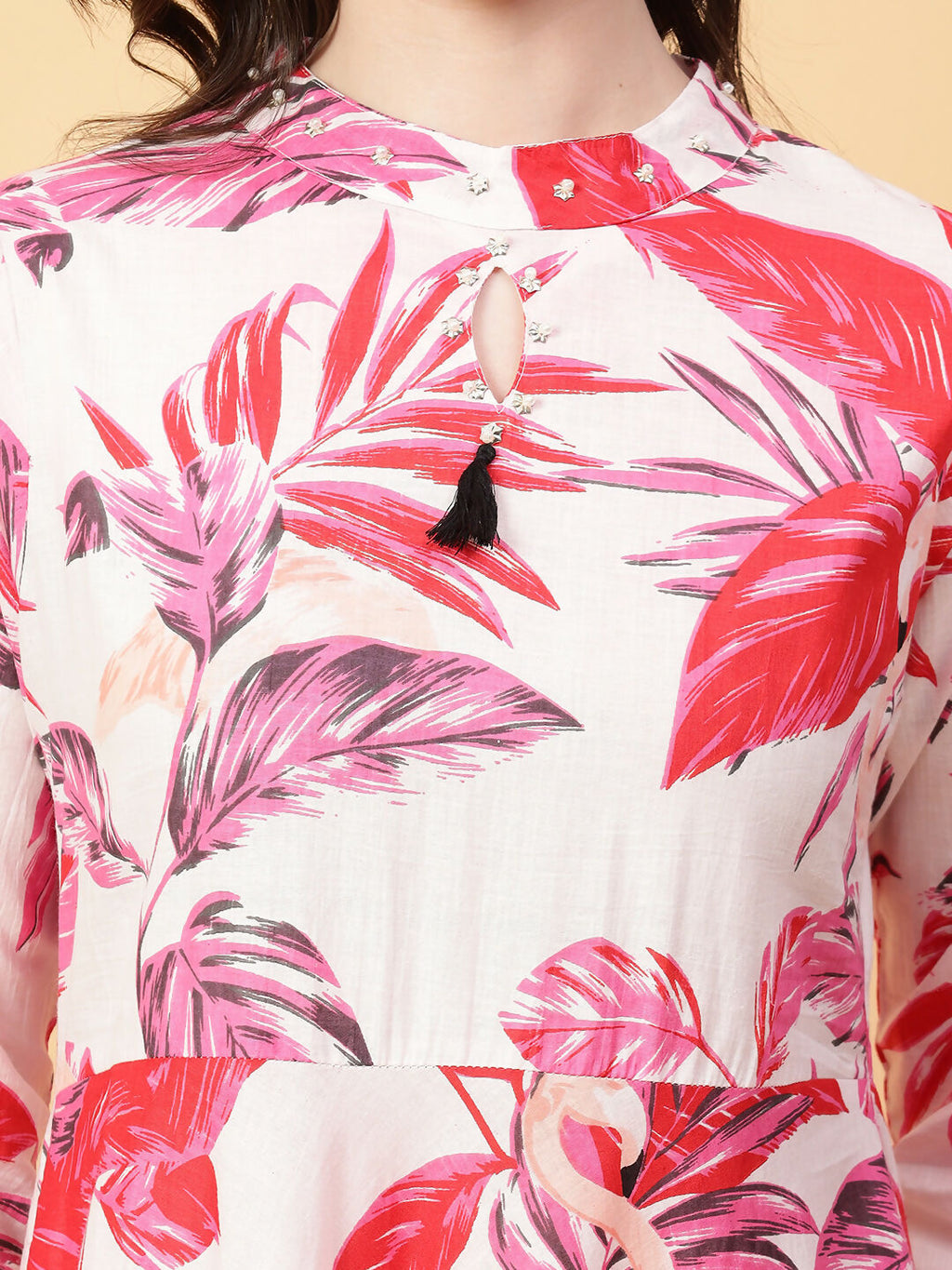 Red Cotton Printed Hand Work Dress