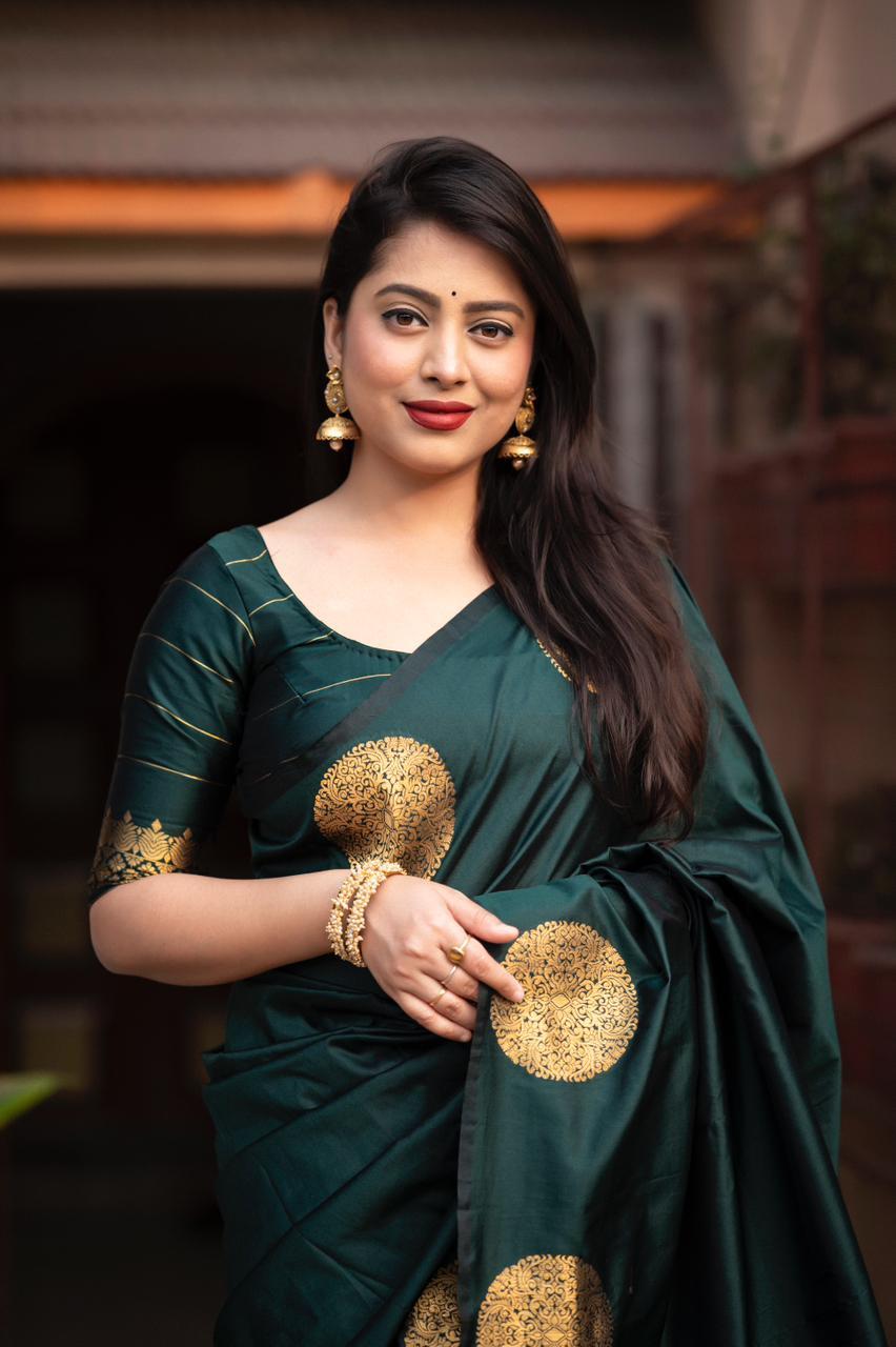 Green Silk Woven Saree with Zari Butta and Unstitched Blouse