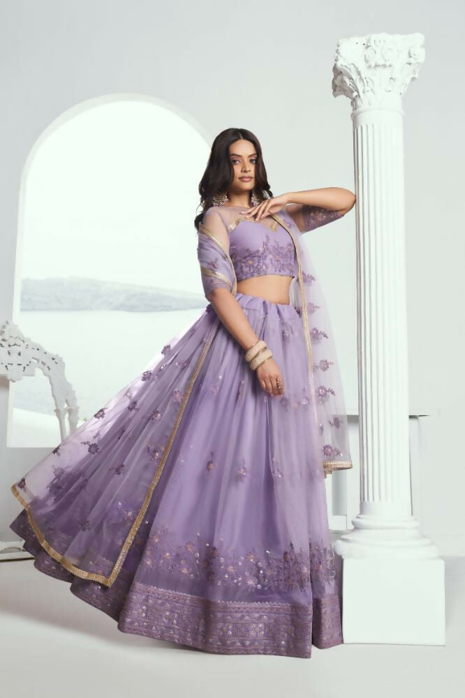 Lavender Butterfly Net Wedding Lehenga with Tone-to-Tone Embroidery