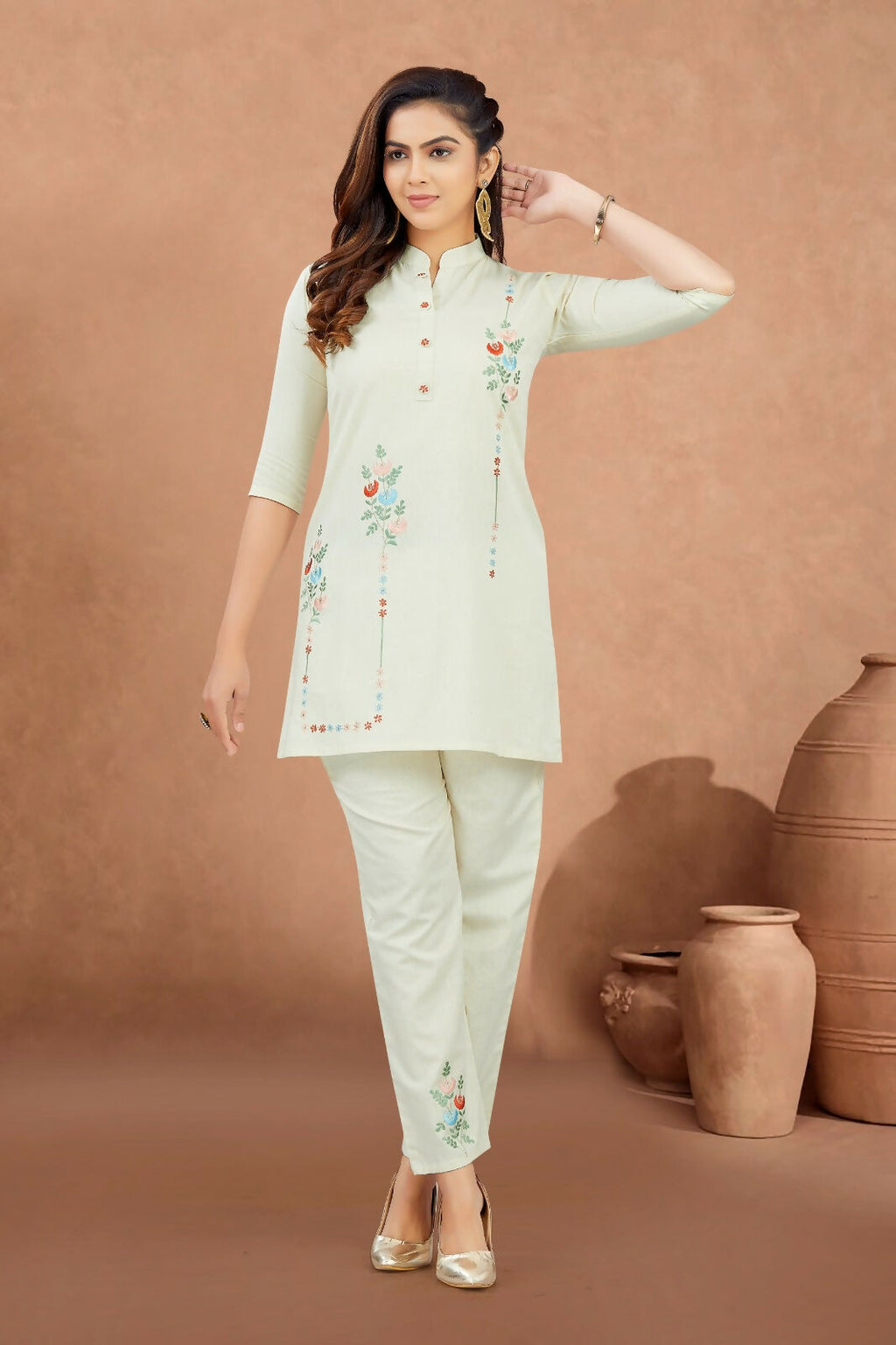 Beige Cotton Kurta Set for Women