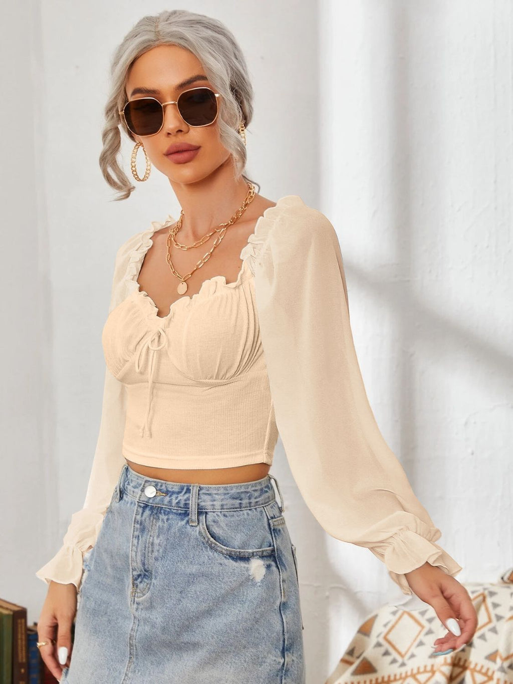 Mesh Sweetheart Neck Flounce Sleeve Top with Ruffled Detail - Image 22