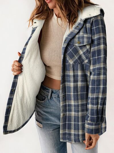 Plush Plaid Snap Down Hooded Jacket Cozy Warm Casual Outerwear