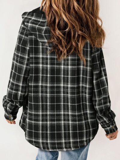 Plush Plaid Snap Down Hooded Jacket Cozy Warm Casual Outerwear