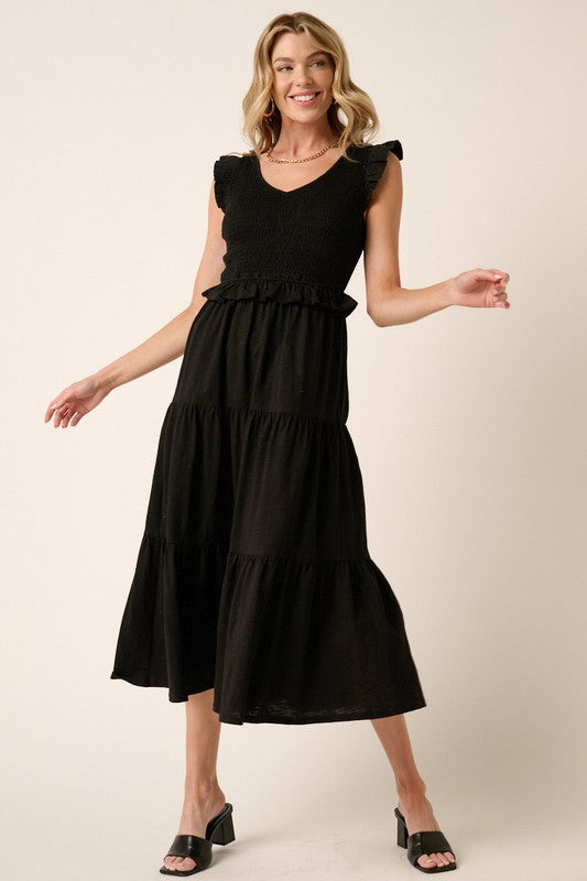 Smocked Ruffled Tiered Midi Dress