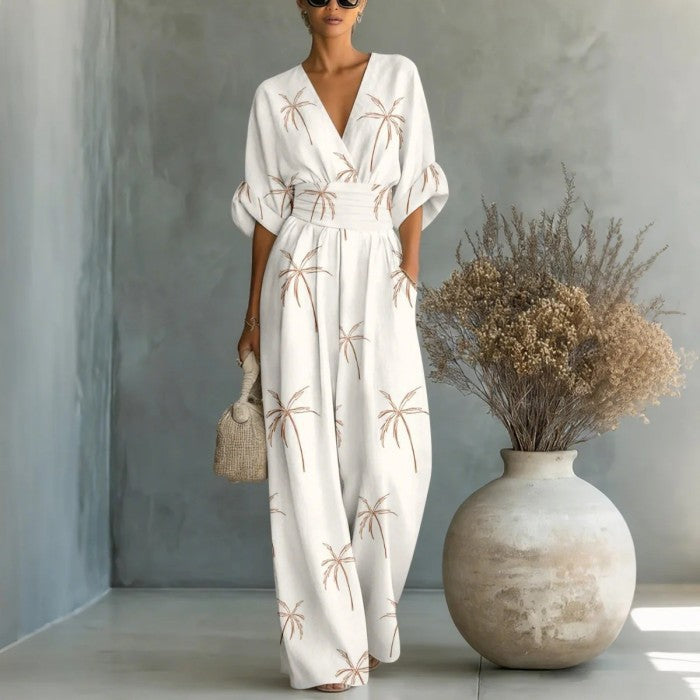 Women's V-Neck Floral Print Wide-Leg Jumpsuit with Cinched Waist - Image 7