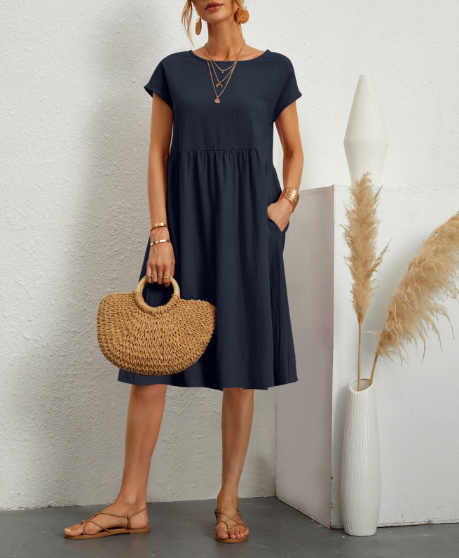Cotton Blend Round Neck A-Line Skirt Dress