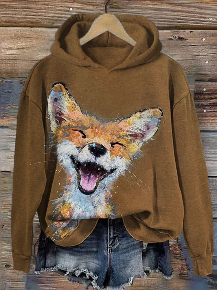 Women's Casual Graphic Hoodie Beige Cat Print Pullover Sweatshirt - Image 6