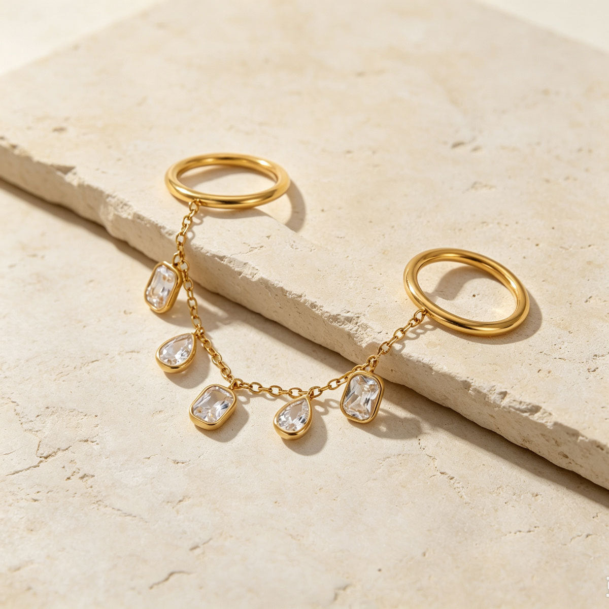 Women 5 Teardrop CZ Hand Harness, Thin O Chain Slave Finger Bracelet Gold Rhodium Two Tone Plated Boho Beach Festival Vacation Jewelry Gift