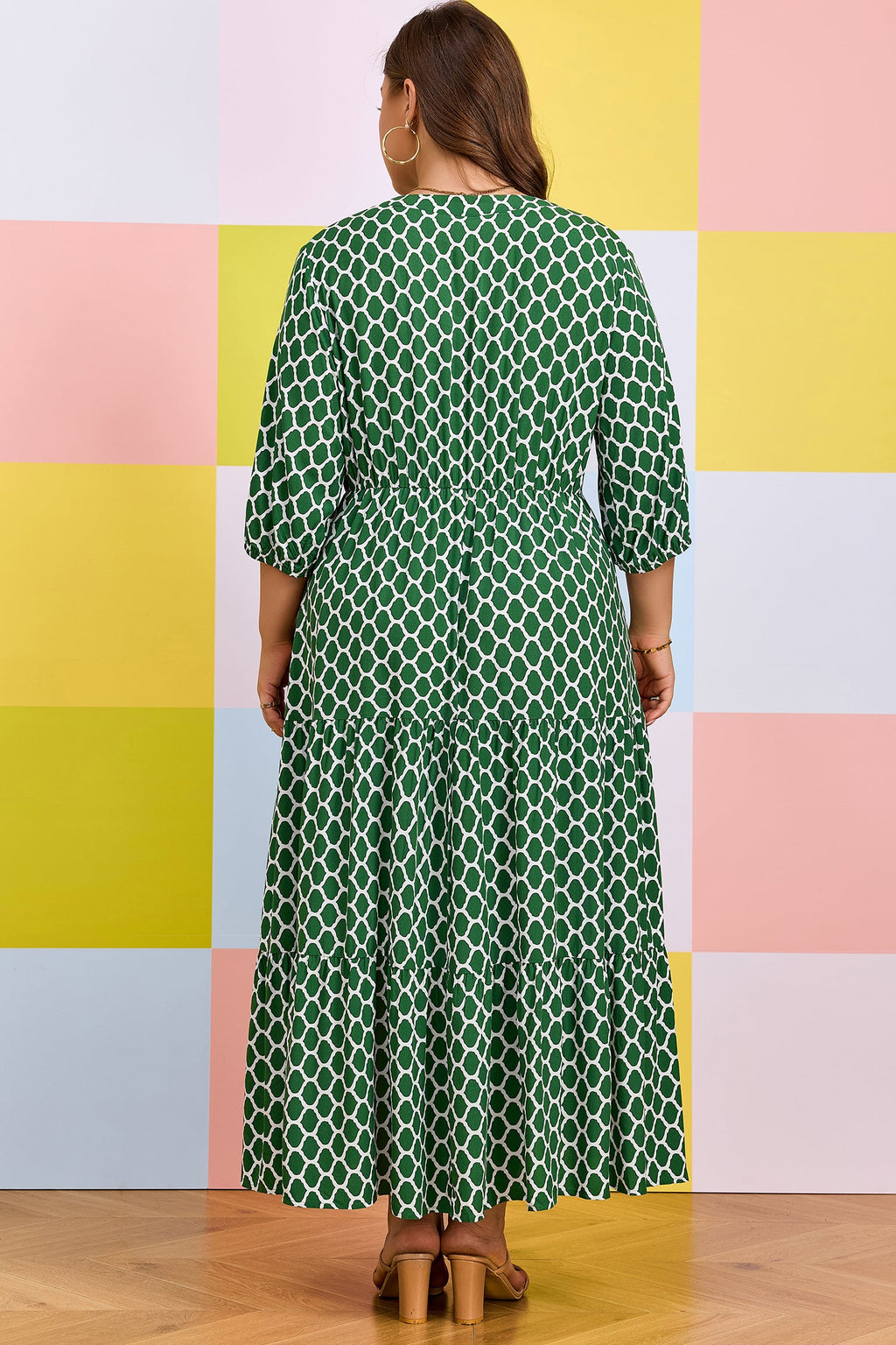 Johanna Ruffle Hem Geometric Print V-Neck Midi Dress