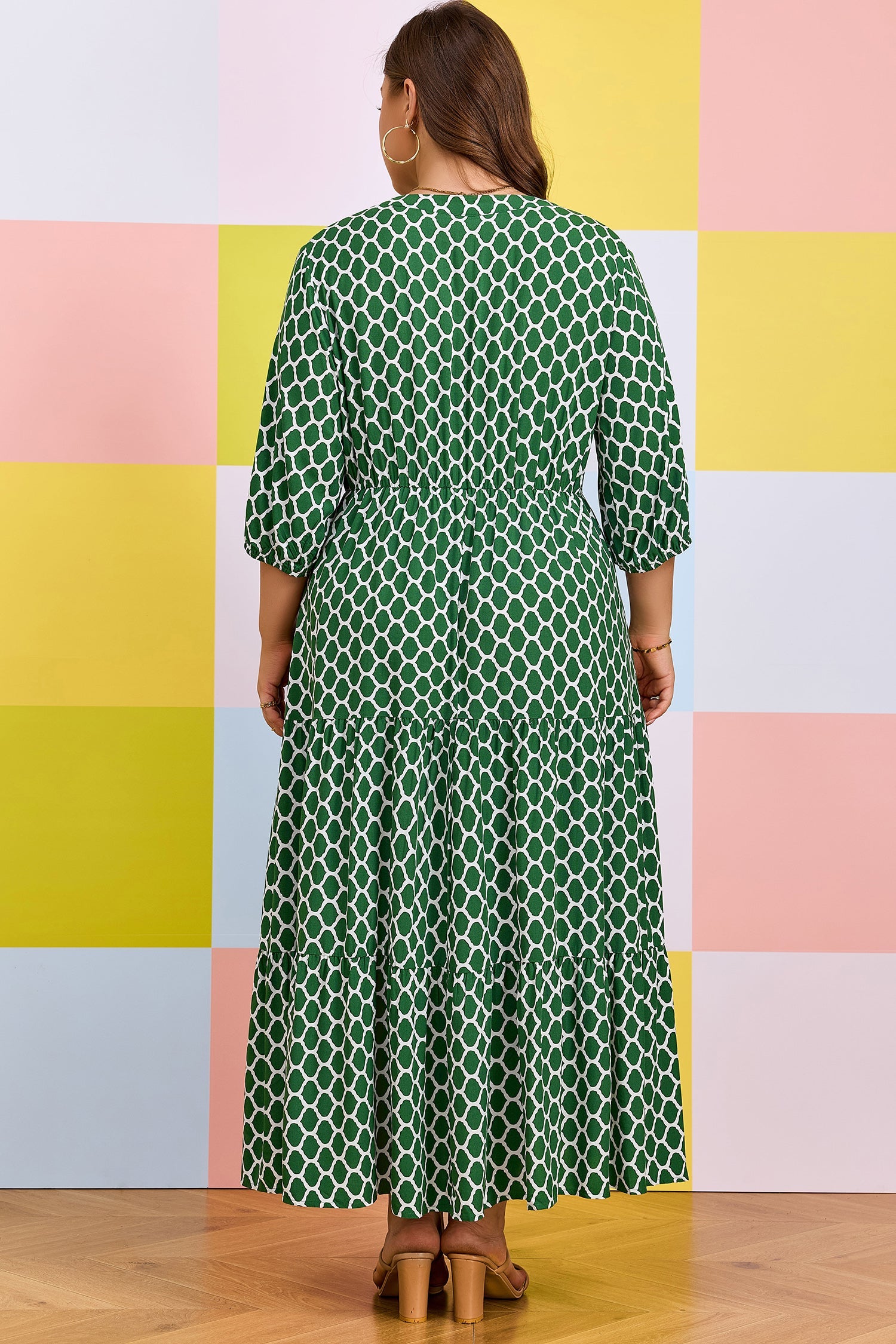 Johanna Ruffle Hem Geometric Print V-Neck Midi Dress