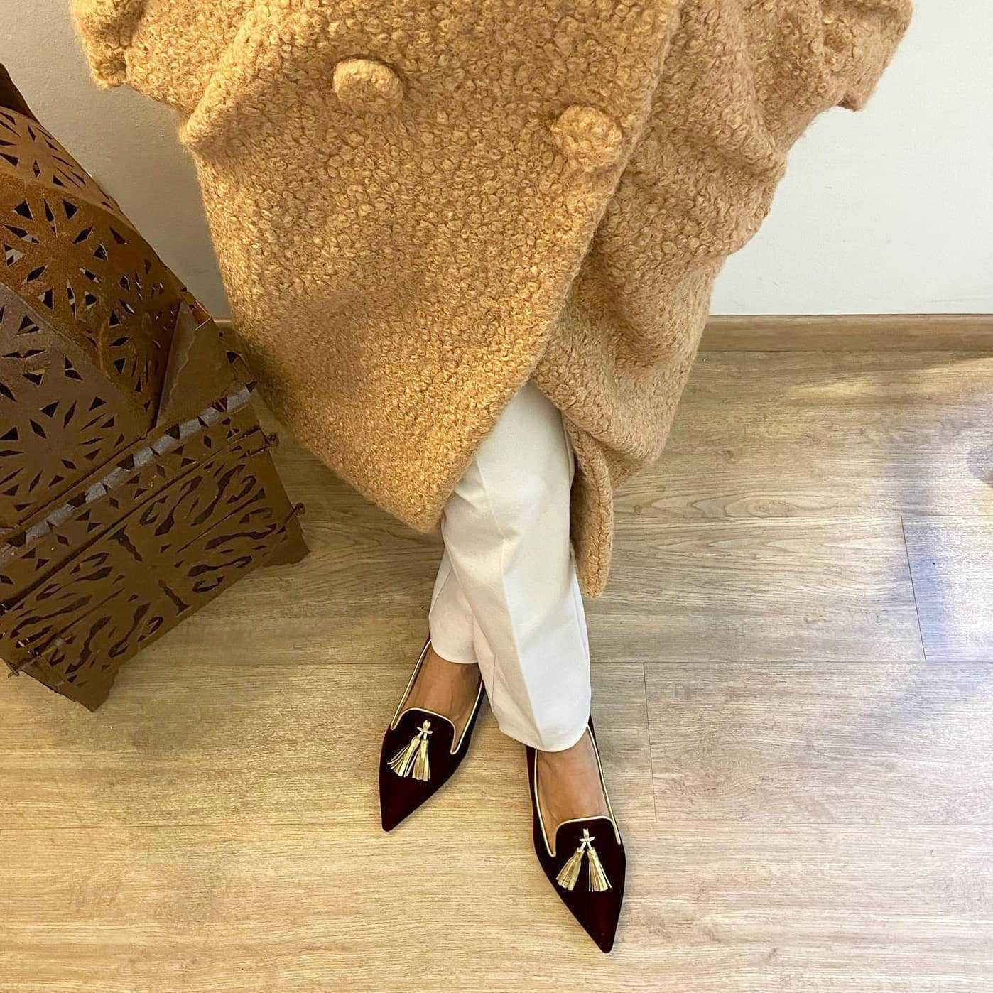 Women's Purple Pointed Toe Suede Flats with Gold Tassel Detail - Image 3