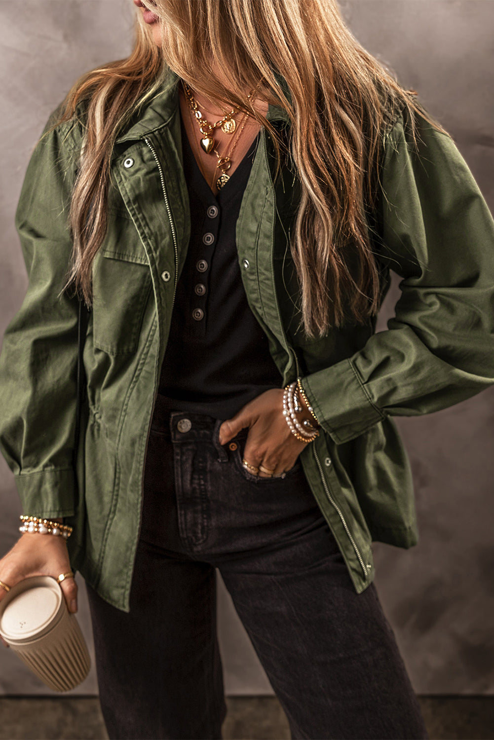 Moss Green Snap Button Zipper Collared Jacket