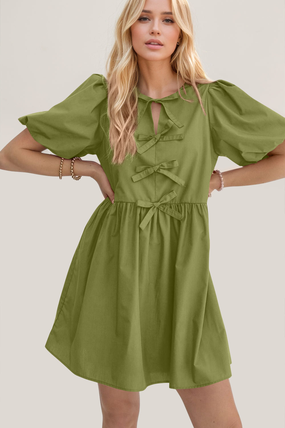 Ruched Puff Sleeve Mini Dress with Bow Detail