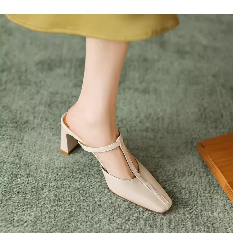 Women's French Vintage Square Toe Block Heel Mule Sandals – T-Strap