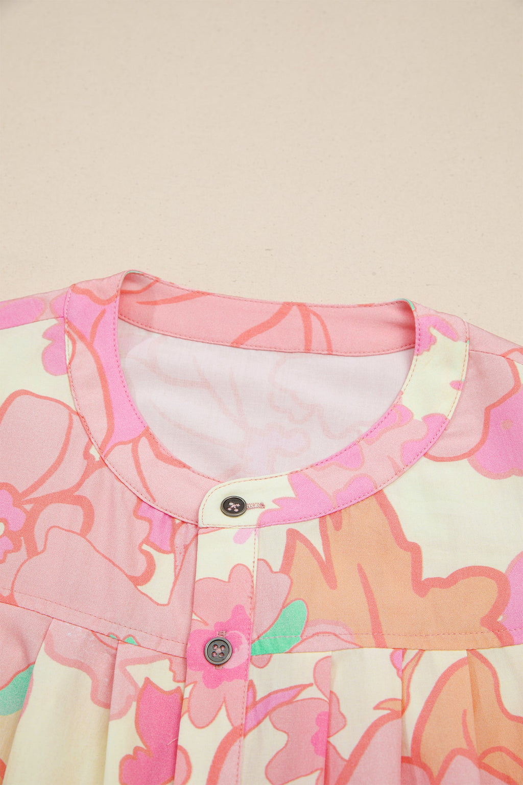 Floral Pintuck Short Sleeve Cotton Blouse in Pink Cream Peach