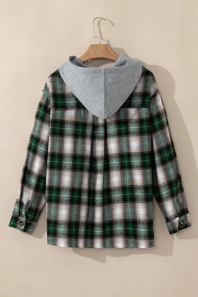 Dark Green Plaid Drawstring Hooded Jacket with Pockets