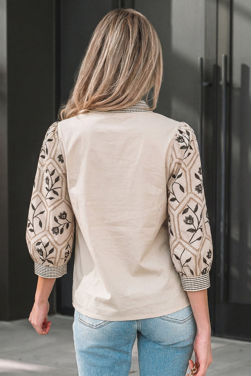 Women's Floral Puff Sleeve Blouse - Contrast V-Neck