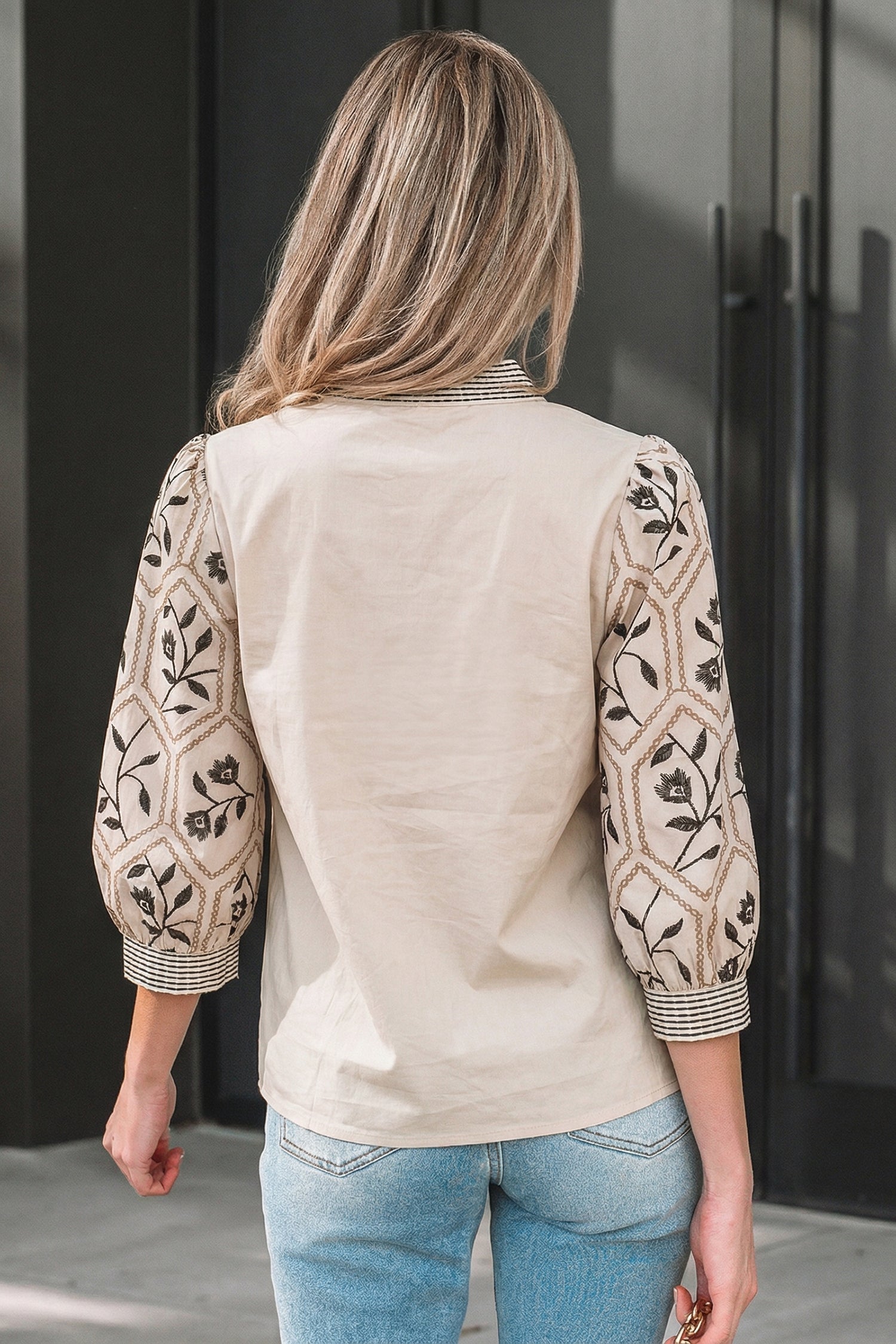 Women's Floral Puff Sleeve Blouse - Contrast V-Neck