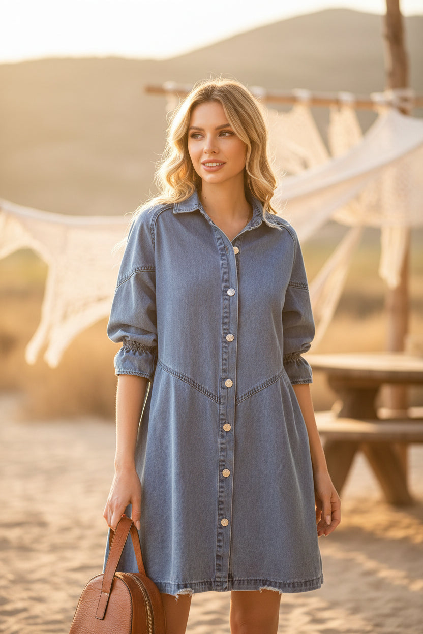 Women's Denim Mid-Length Dress with Three-Quarter Sleeves