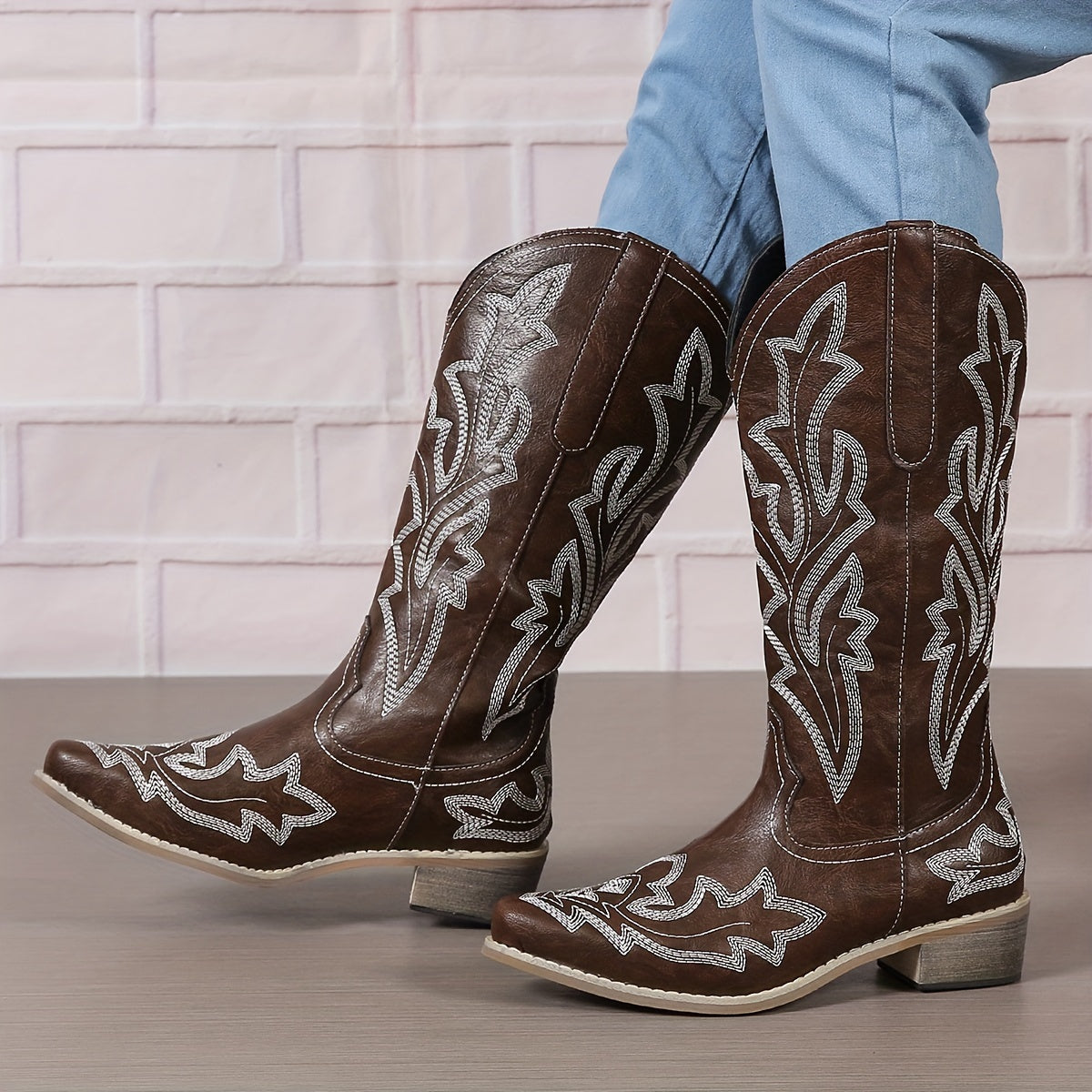 Women's Mid Calf Red Western Cowgirl Boots with White Embroidery - Image 14