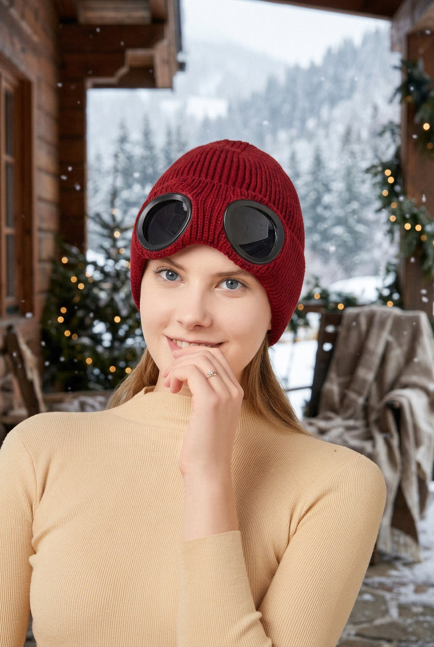 Wool Knit Hat with Windproof Glasses & Ear Protection