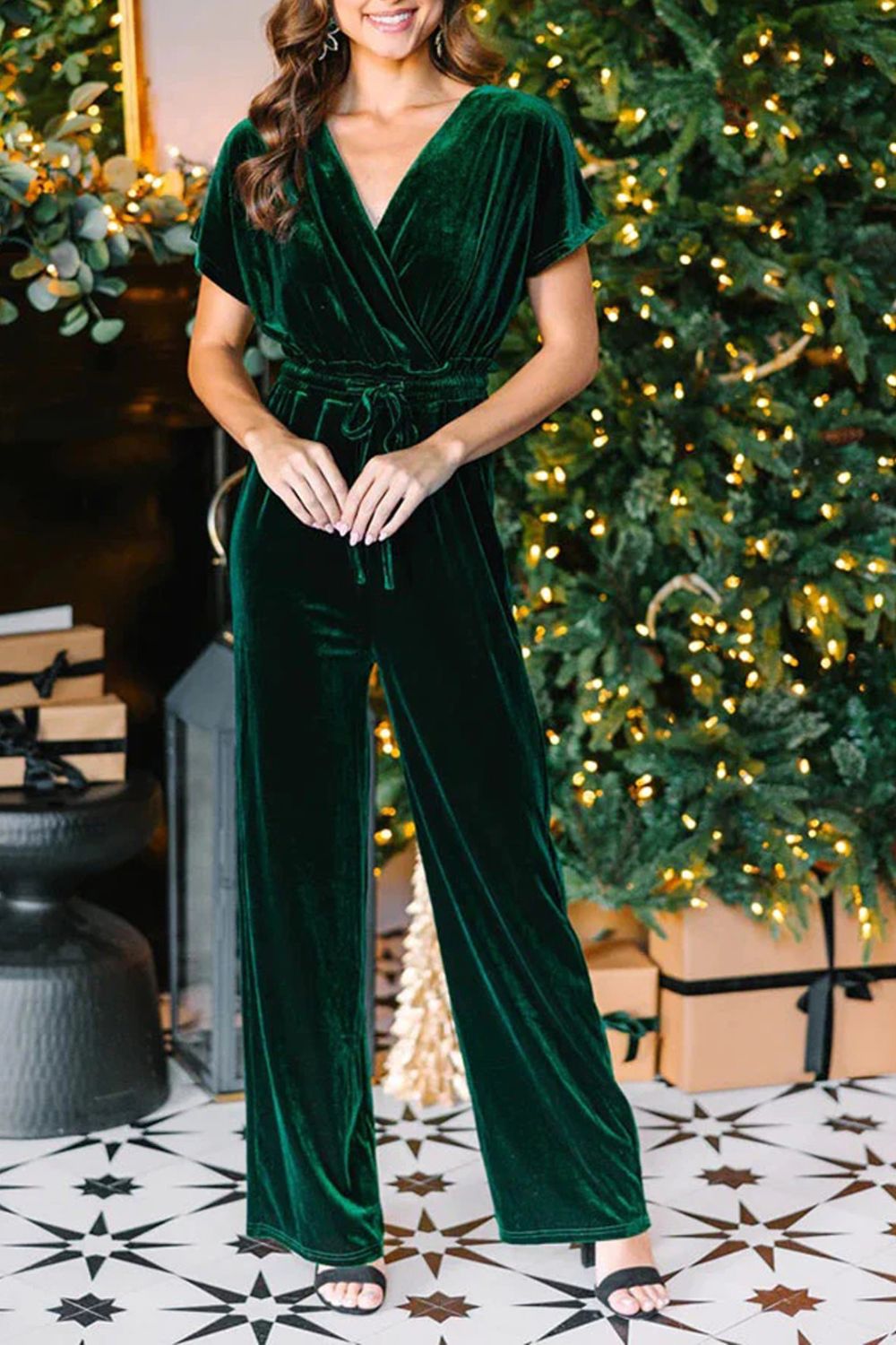 Burgundy Velvet Drawstring Surplice Jumpsuit | Wide-Leg Party