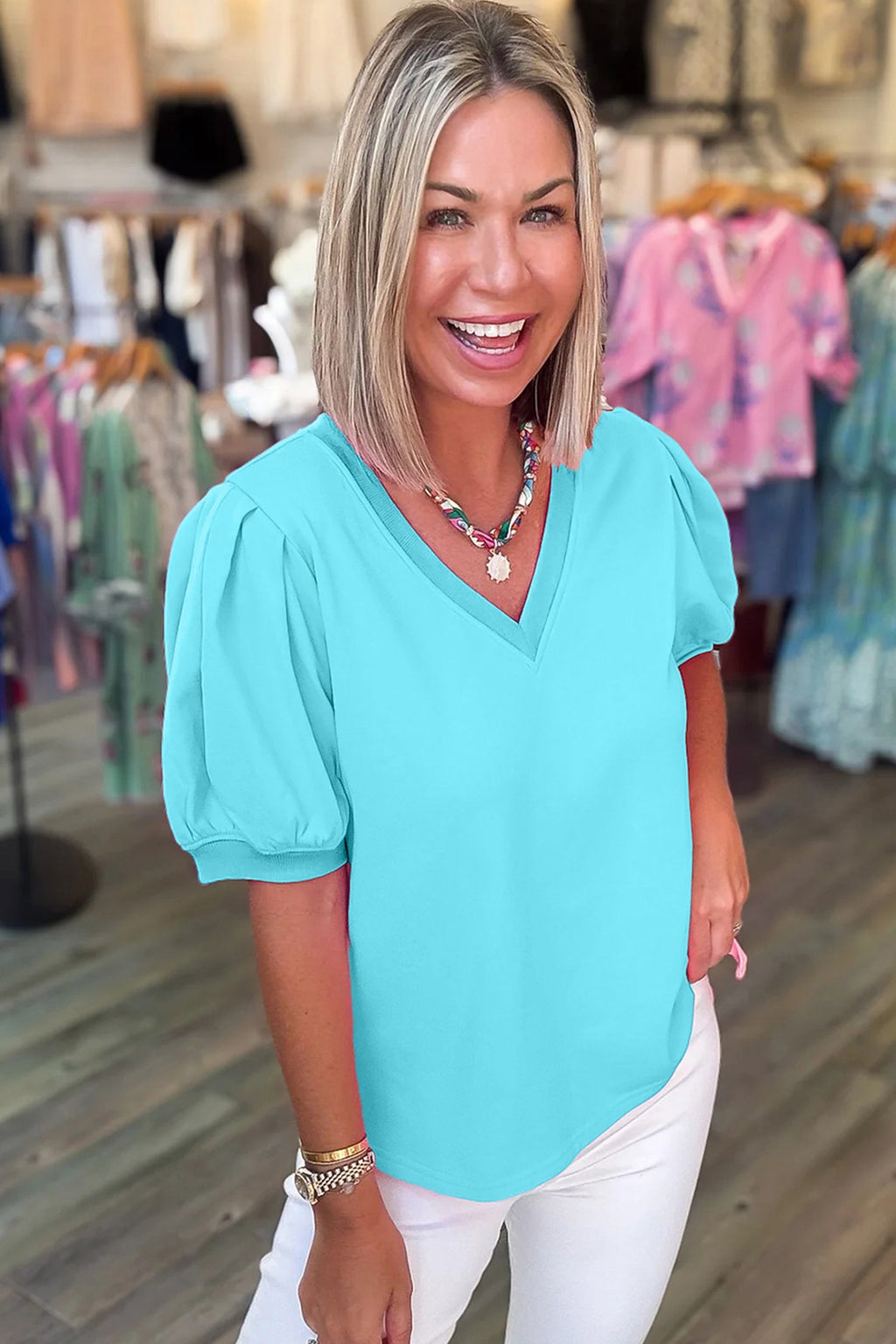 Bonbon Solid Color V Neck Short Puff Sleeve Blouse