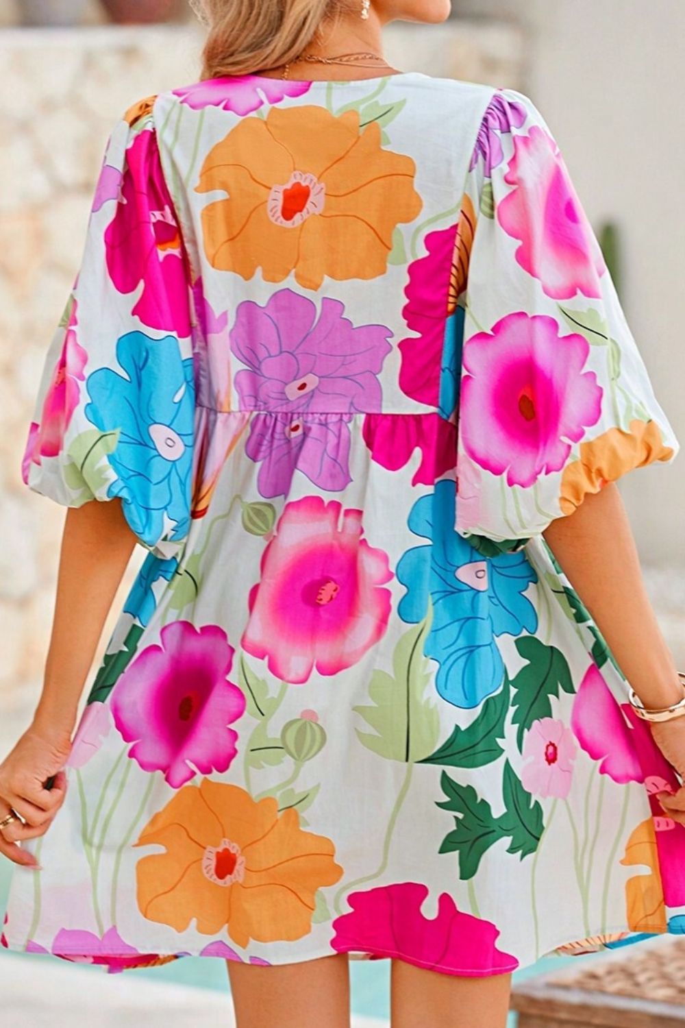 Floral Print Tie-Neck Dress - Elegant Lightweight Midi Dress