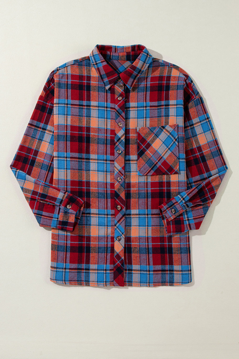 Women's Red Plaid Print Drop Sleeve Loose Shirt Casual Top