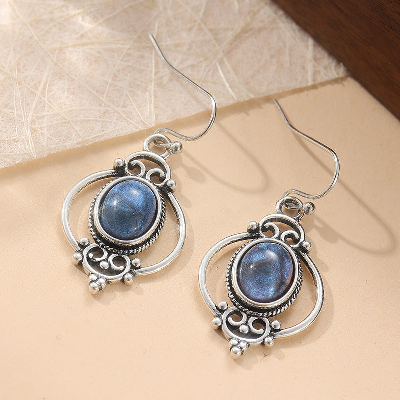 Vintage Blue Oval Stone Drop Earrings Silver Tone Brass Women Boho Artistic Daily Fashion Jewelry