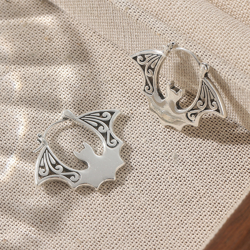 Vintage Bat Hoop Earrings Silver Tone Brass Women Gothic Halloween Party Statement Fashion Jewelry Unique